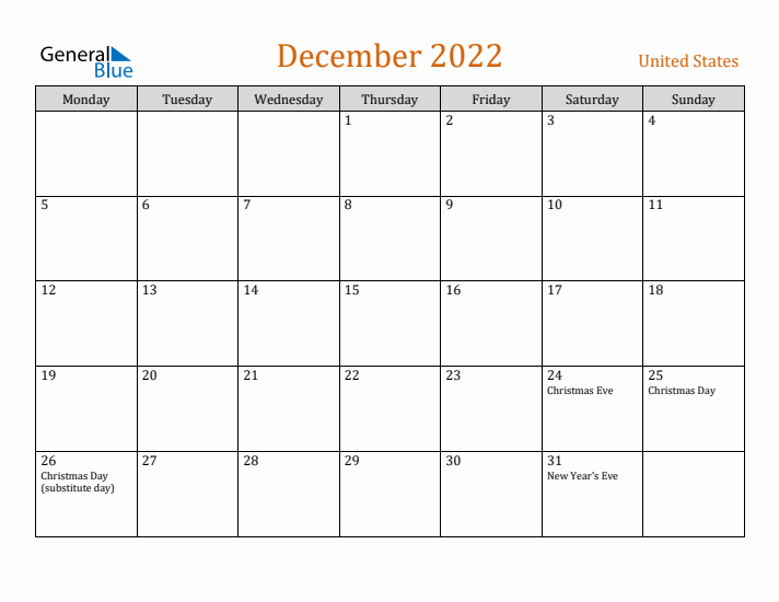 December 2022 Holiday Calendar with Monday Start