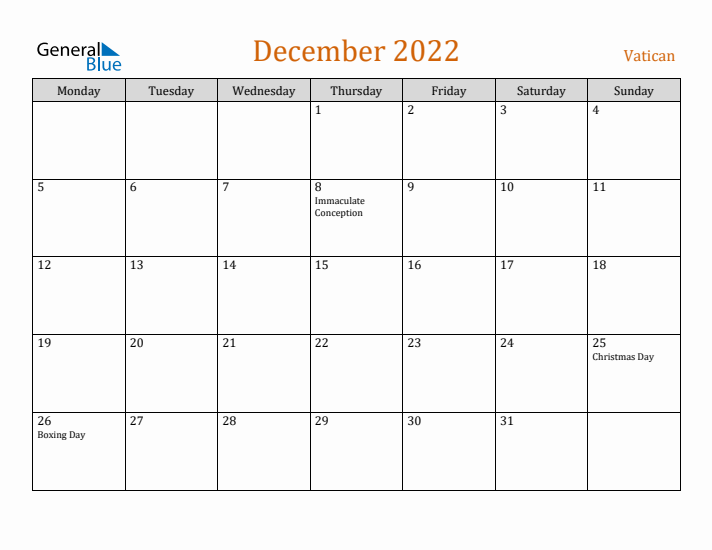 December 2022 Holiday Calendar with Monday Start