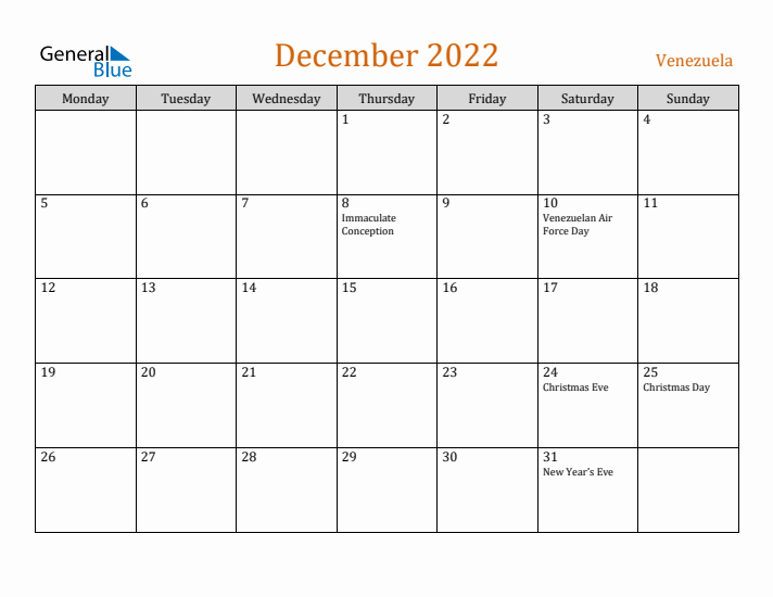 December 2022 Holiday Calendar with Monday Start