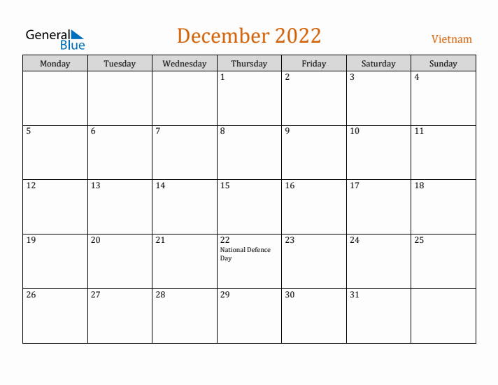 December 2022 Holiday Calendar with Monday Start