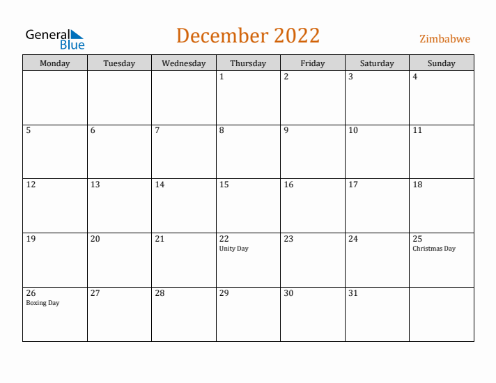 December 2022 Holiday Calendar with Monday Start