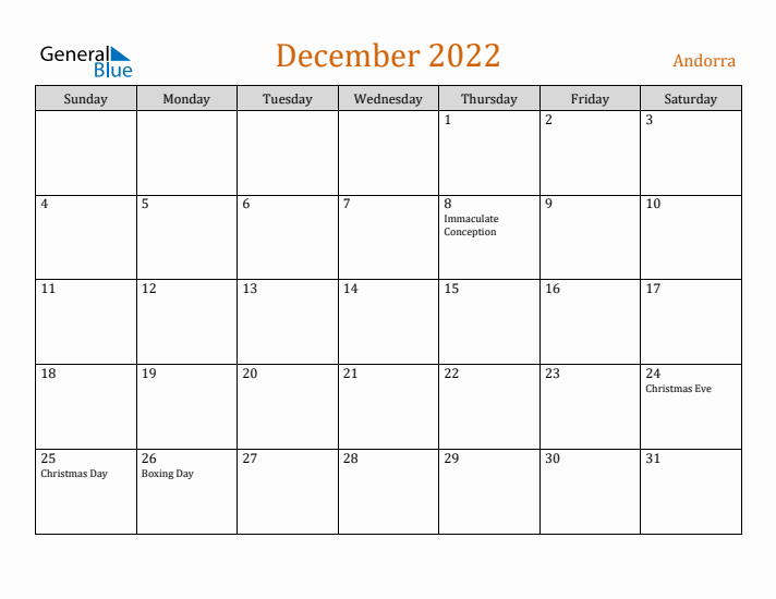 December 2022 Holiday Calendar with Sunday Start