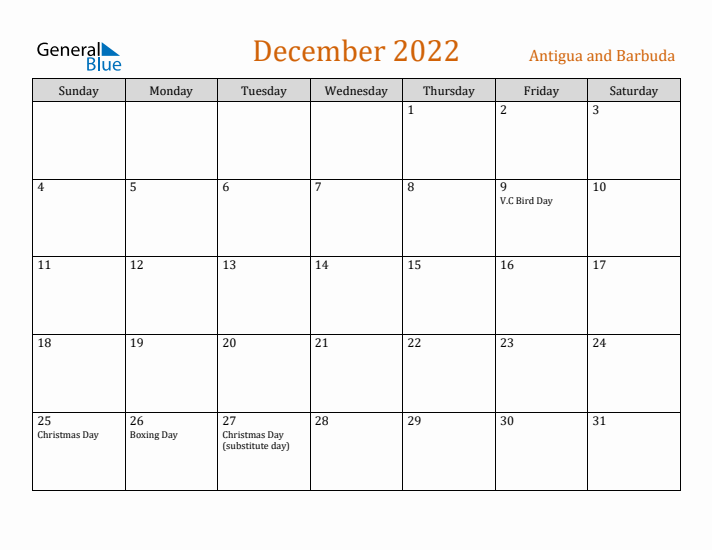 December 2022 Holiday Calendar with Sunday Start