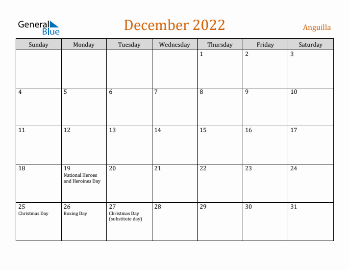 December 2022 Holiday Calendar with Sunday Start