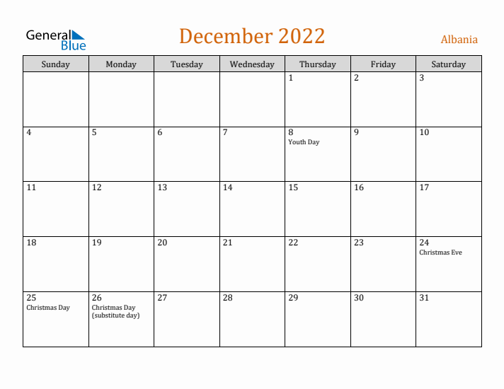 December 2022 Holiday Calendar with Sunday Start