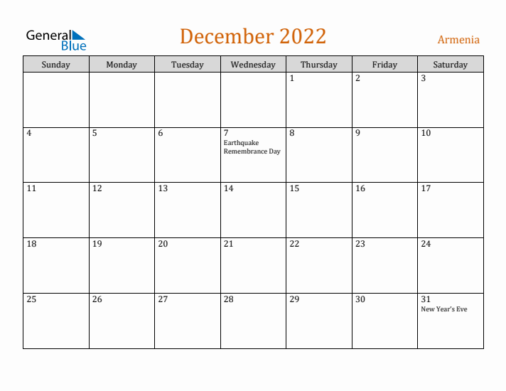 December 2022 Holiday Calendar with Sunday Start