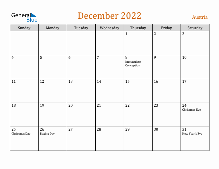 December 2022 Holiday Calendar with Sunday Start