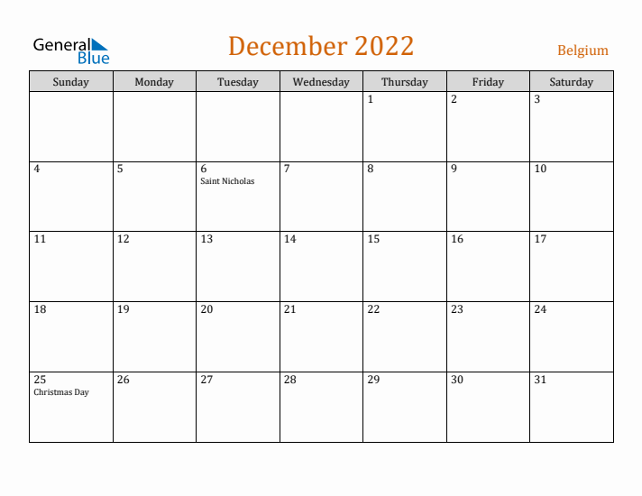 December 2022 Holiday Calendar with Sunday Start