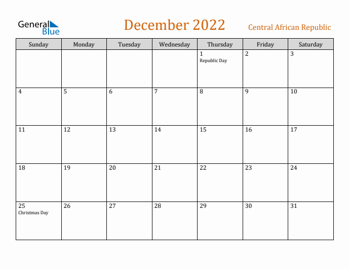 December 2022 Holiday Calendar with Sunday Start