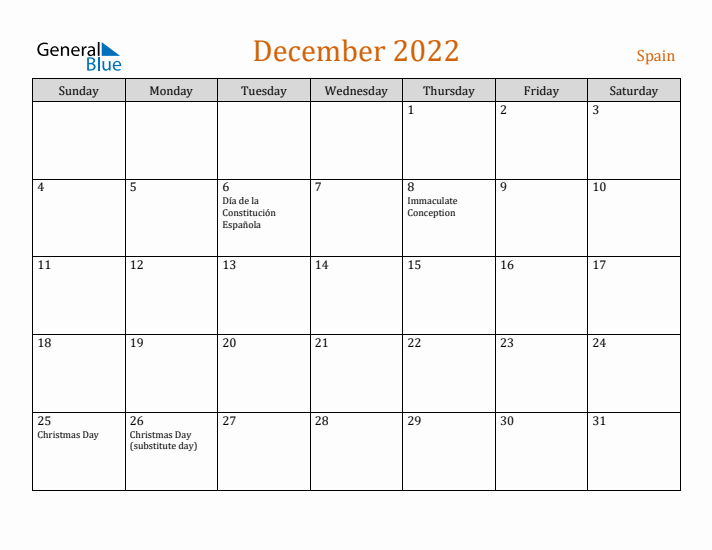 December 2022 Holiday Calendar with Sunday Start