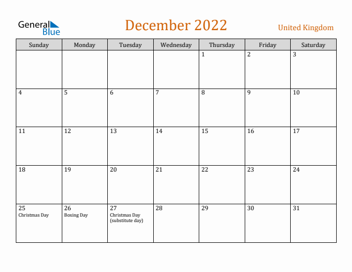 December 2022 Holiday Calendar with Sunday Start