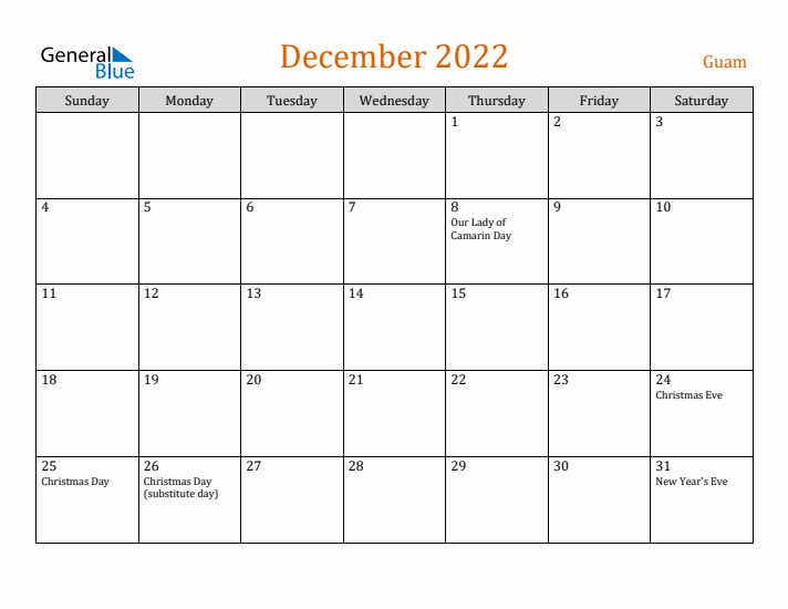 December 2022 Holiday Calendar with Sunday Start