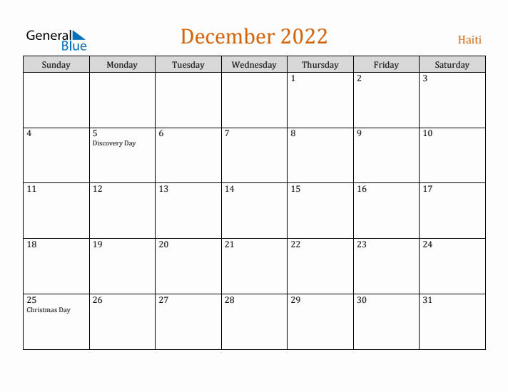 December 2022 Holiday Calendar with Sunday Start