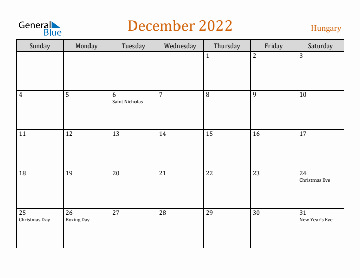 December 2022 Holiday Calendar with Sunday Start