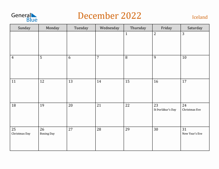 December 2022 Holiday Calendar with Sunday Start