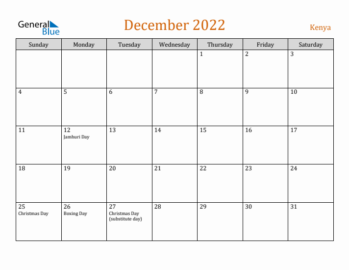 December 2022 Holiday Calendar with Sunday Start