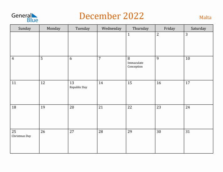 December 2022 Holiday Calendar with Sunday Start