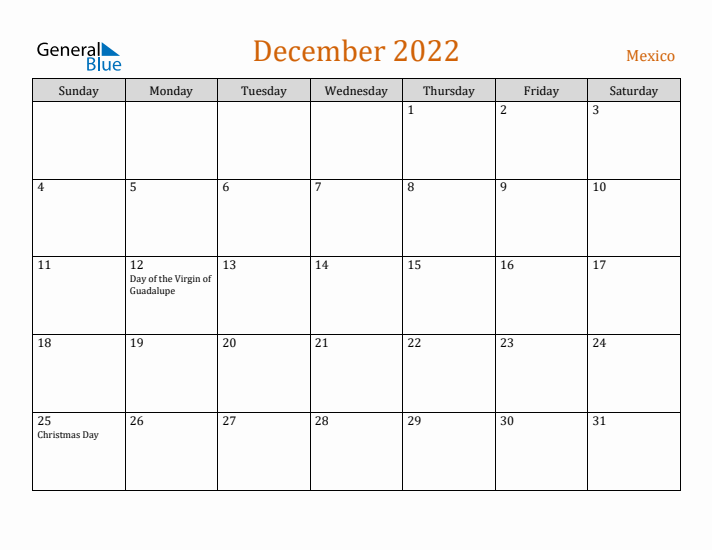 December 2022 Holiday Calendar with Sunday Start