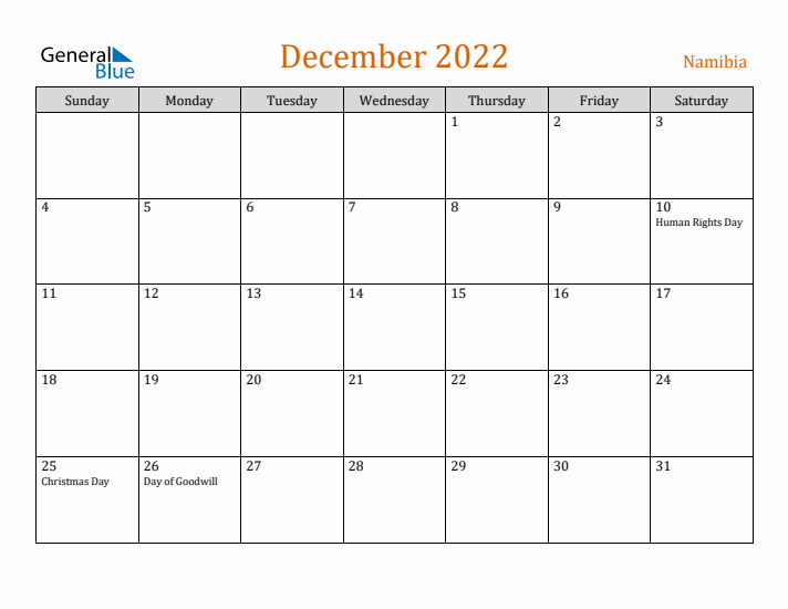 December 2022 Holiday Calendar with Sunday Start