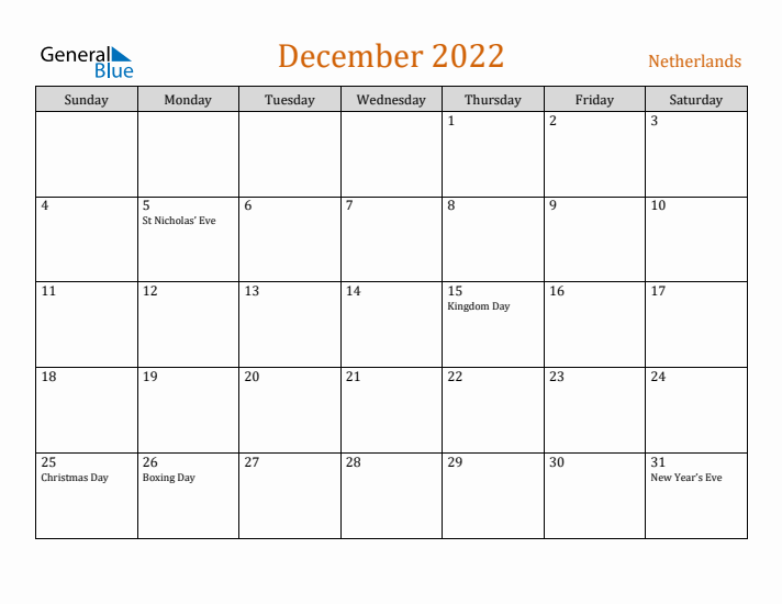 December 2022 Holiday Calendar with Sunday Start