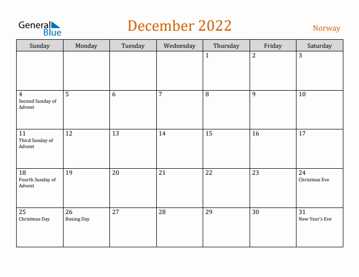 December 2022 Holiday Calendar with Sunday Start