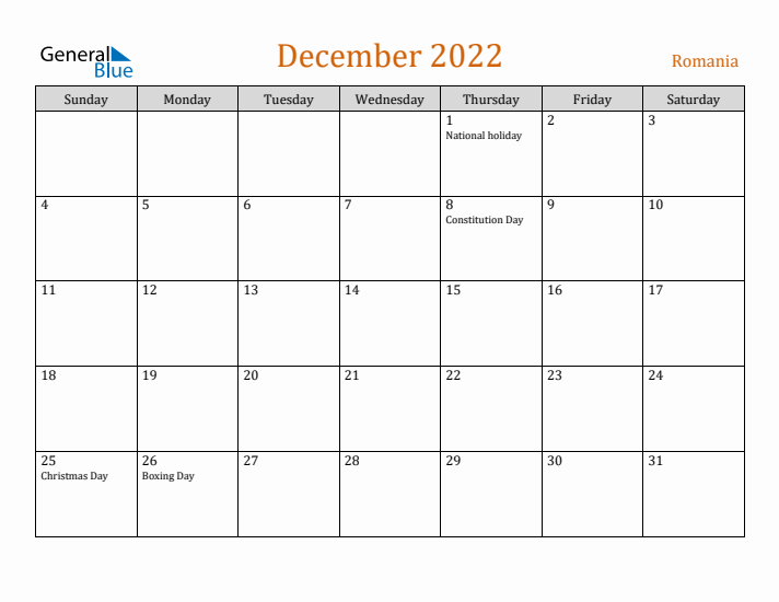 December 2022 Holiday Calendar with Sunday Start