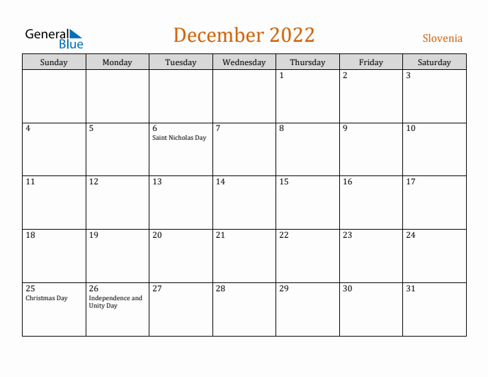 December 2022 Holiday Calendar with Sunday Start