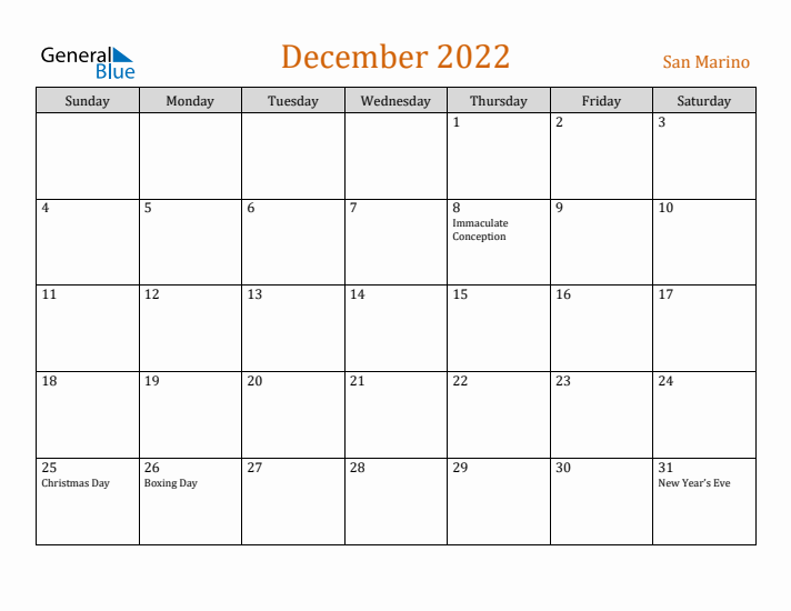 December 2022 Holiday Calendar with Sunday Start