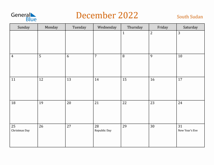 December 2022 Holiday Calendar with Sunday Start