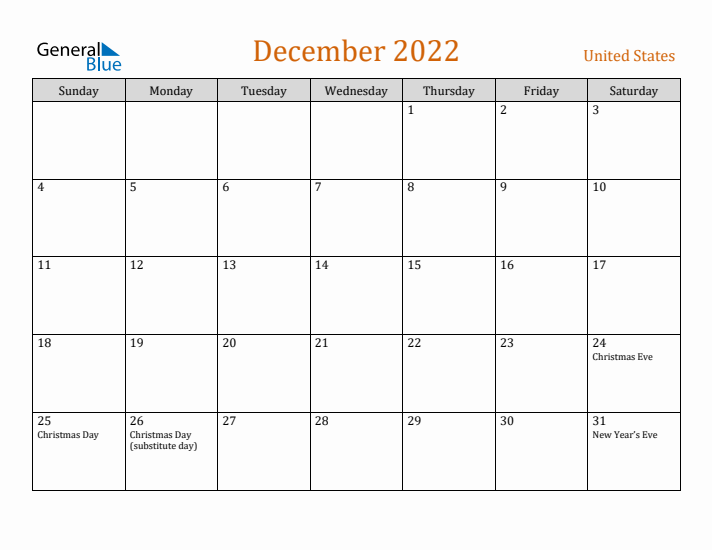 December 2022 Holiday Calendar with Sunday Start