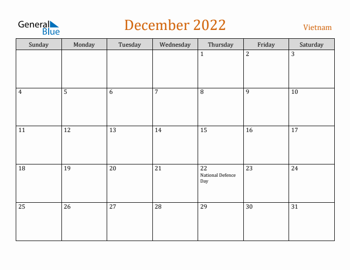 December 2022 Holiday Calendar with Sunday Start