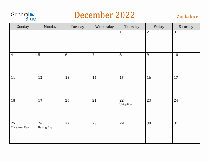 December 2022 Holiday Calendar with Sunday Start