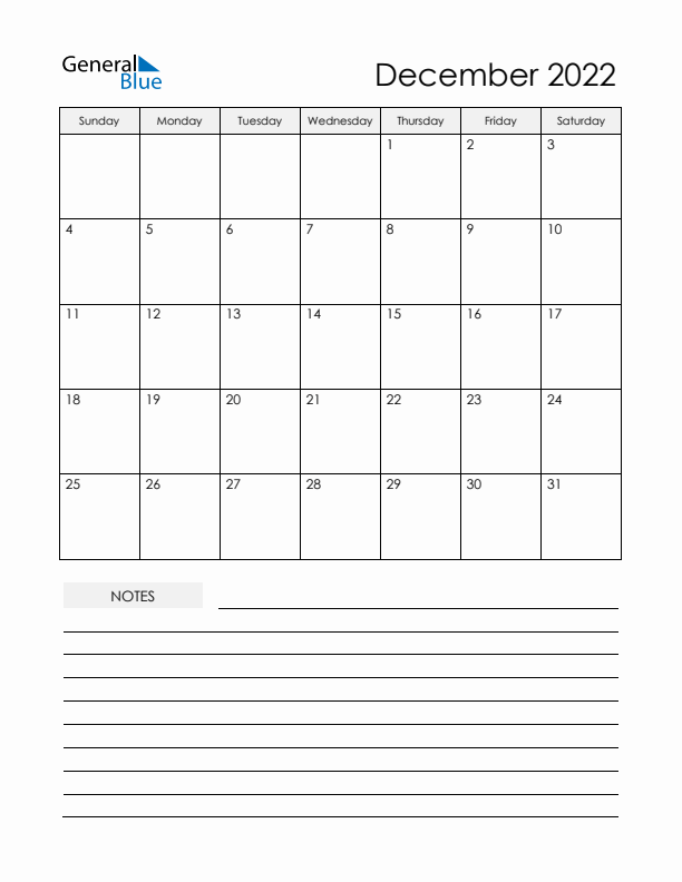 Printable Calendar with Notes - December 2022 