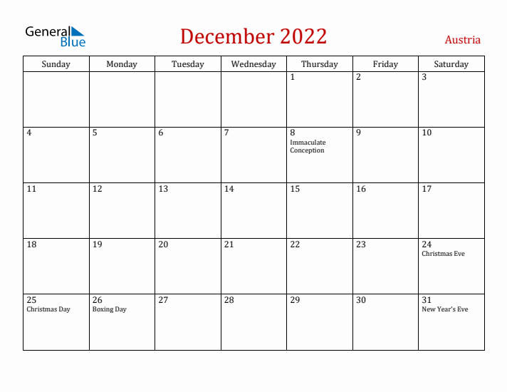 Austria December 2022 Calendar - Sunday Start