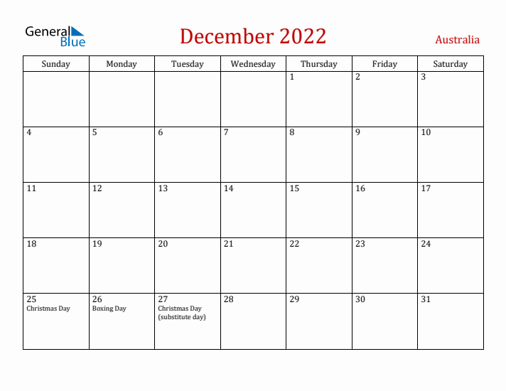 Australia December 2022 Calendar - Sunday Start