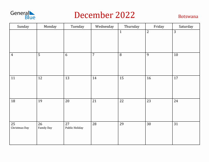 Botswana December 2022 Calendar - Sunday Start