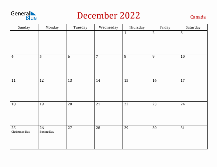 Canada December 2022 Calendar - Sunday Start