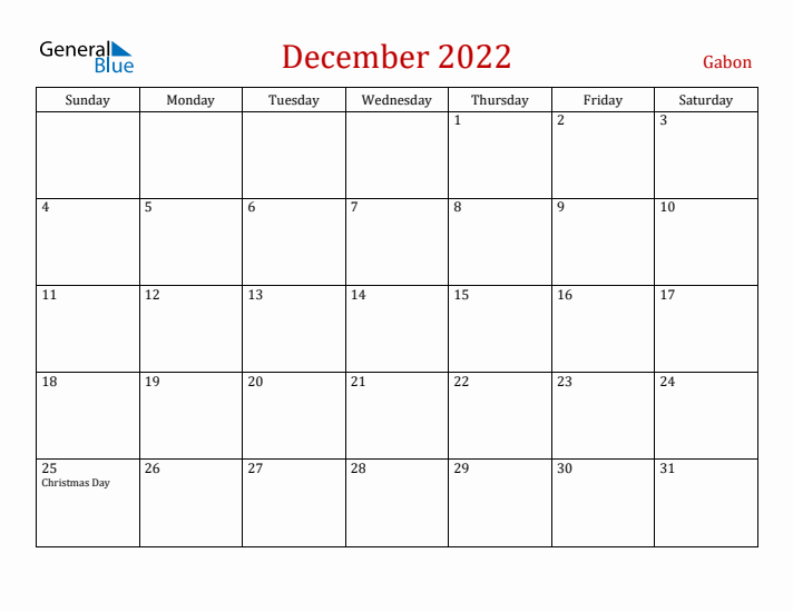 Gabon December 2022 Calendar - Sunday Start