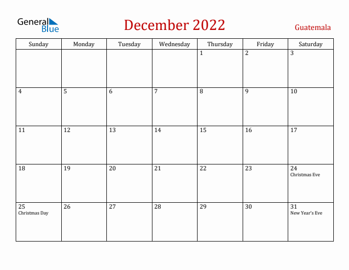 Guatemala December 2022 Calendar - Sunday Start