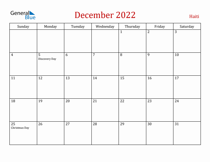 Haiti December 2022 Calendar - Sunday Start