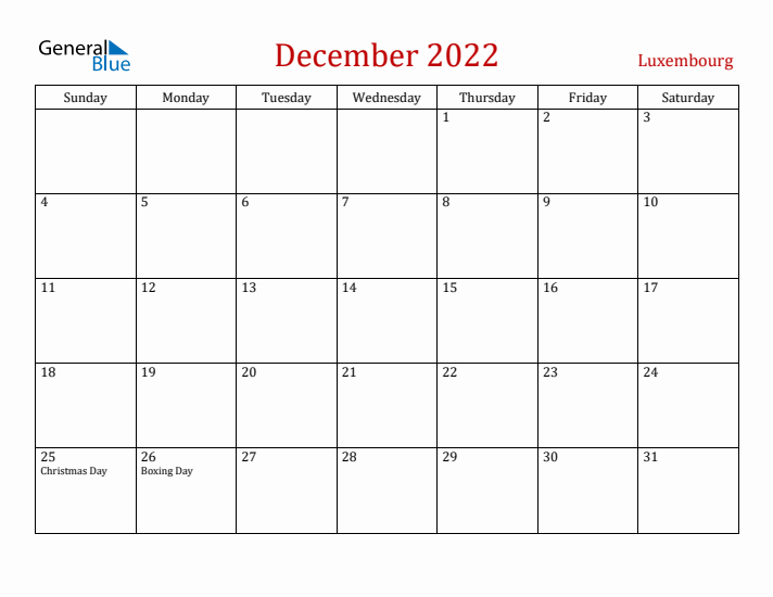 Luxembourg December 2022 Calendar - Sunday Start