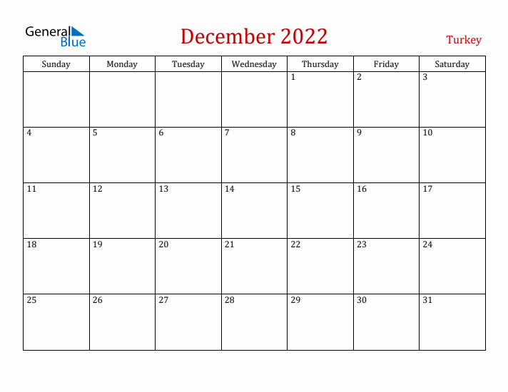 Turkey December 2022 Calendar - Sunday Start