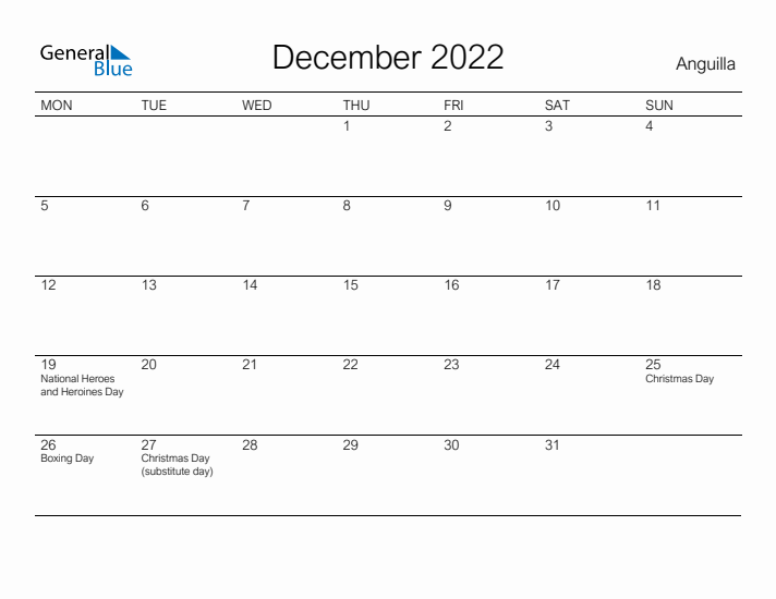 Printable December 2022 Calendar for Anguilla