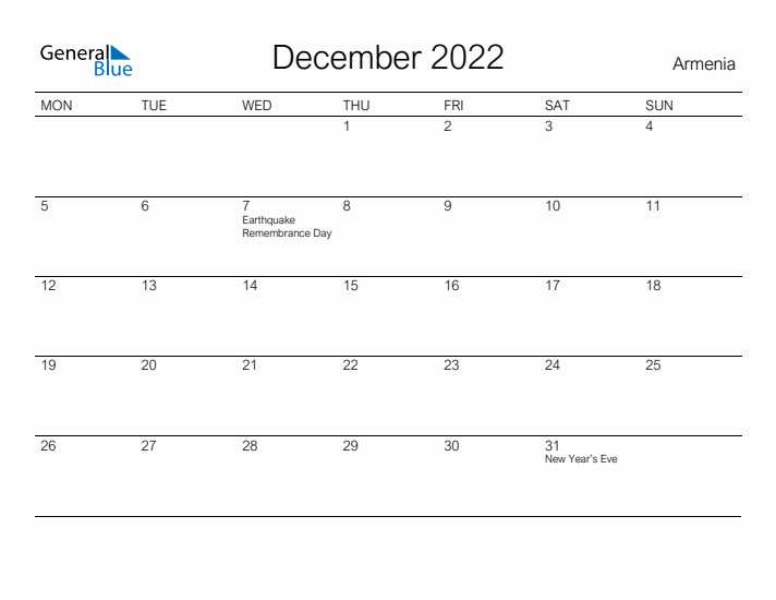 Printable December 2022 Calendar for Armenia