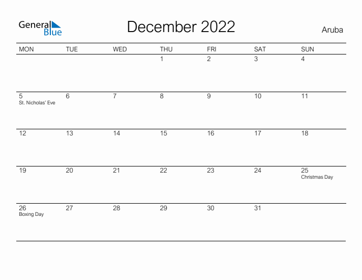 Printable December 2022 Calendar for Aruba