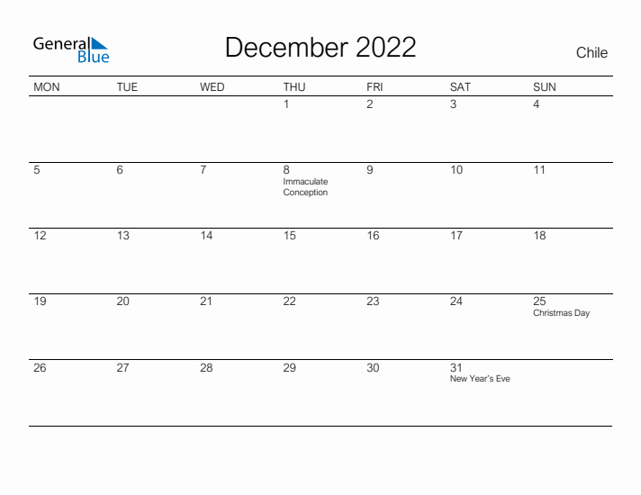 Printable December 2022 Calendar for Chile