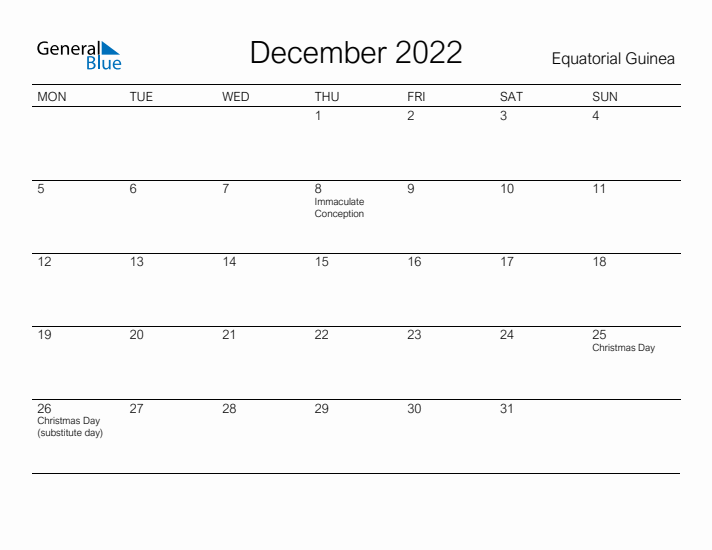 Printable December 2022 Calendar for Equatorial Guinea