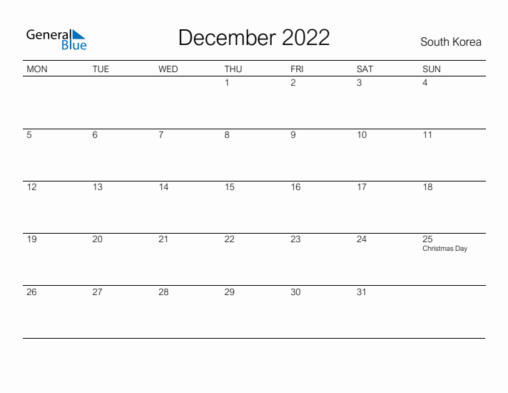 Printable December 2022 Calendar for South Korea