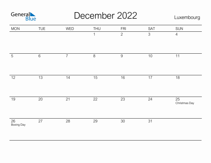 Printable December 2022 Calendar for Luxembourg