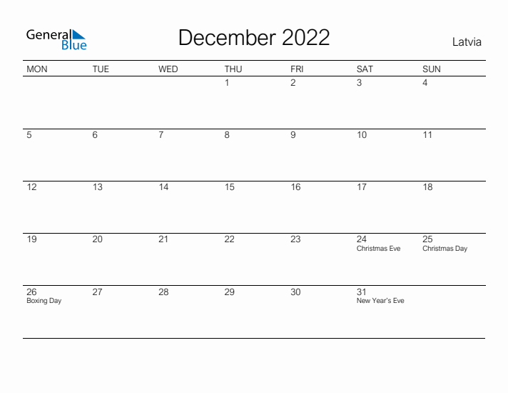 Printable December 2022 Calendar for Latvia